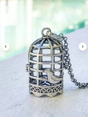 Silver Bird Cage Pendant Necklace